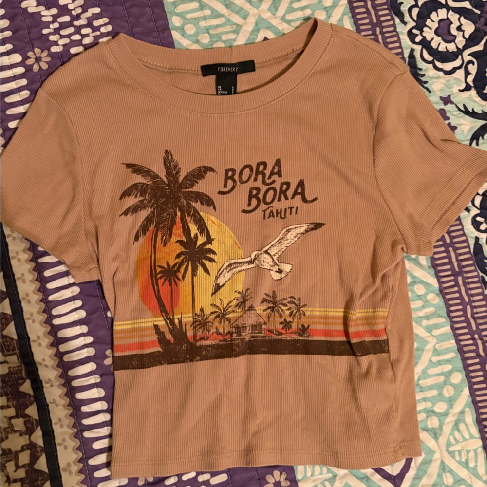 Brown Bora Bora Graphic Cropped Tee